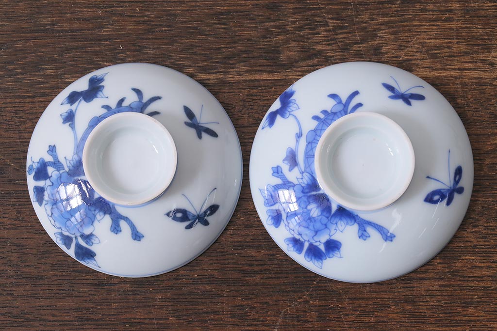 アンティーク雑貨　明治期　花蝶文染付蓋茶碗2客セット(蓋付茶碗、和食器)(R-040499)