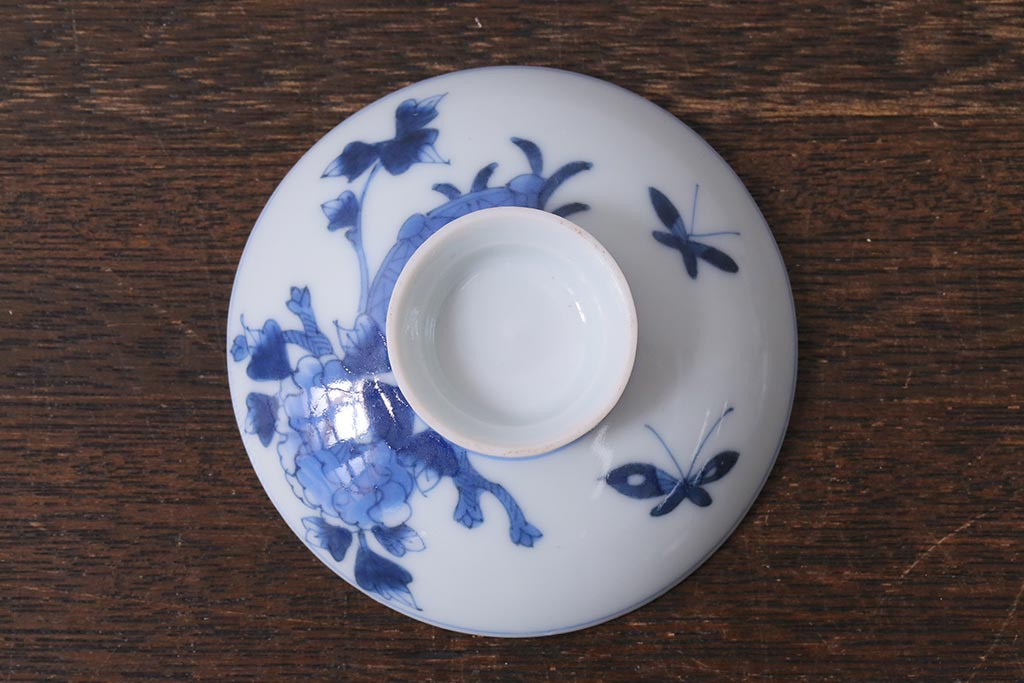 アンティーク雑貨　明治期　花蝶文染付蓋茶碗2客セット(蓋付茶碗、和食器)(R-040499)