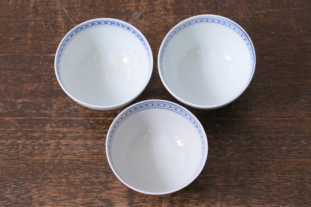アンティーク雑貨　明治期　花蝶文染付蓋茶碗3客セット(蓋付茶碗、和食器)(R-040500)