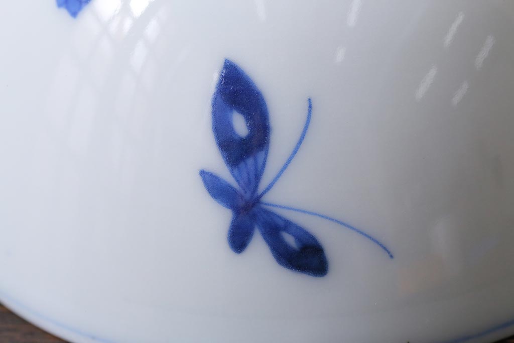 アンティーク雑貨　明治期　花蝶文染付蓋茶碗3客セット(蓋付茶碗、和食器)(R-040500)