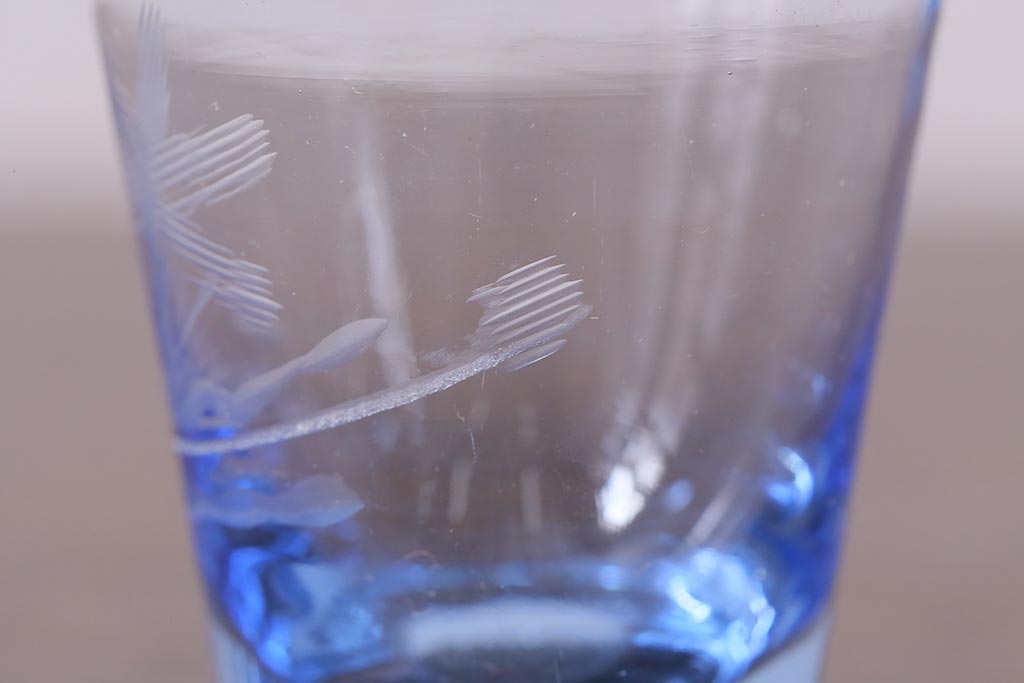 レトロ雑貨　昭和中期　落ち着いた青色の切子グラス11個セット(コップ)(R-040502)