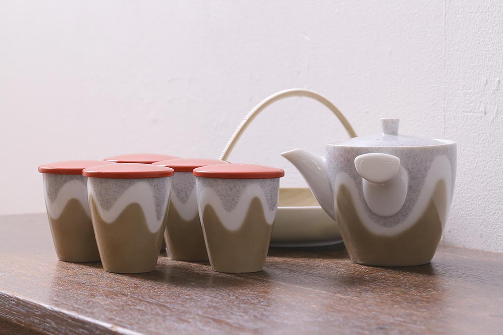 未使用品　昭和中期　古いノリタケ(Noritake、日陶)　急須・湯呑6客・菓子鉢セット　箱付(湯のみ、茶器揃)(R-040507)