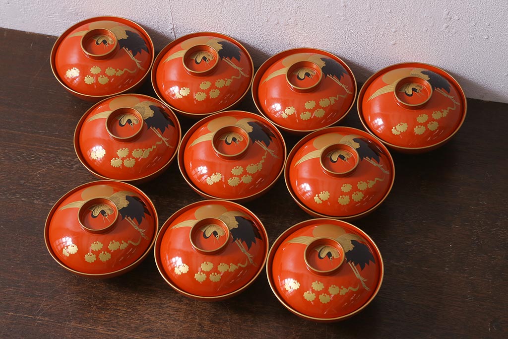 新しい アンティーク雑貨 大正昭和初期 朱塗り 鶴蒔絵 お椀10客セット 工芸品
