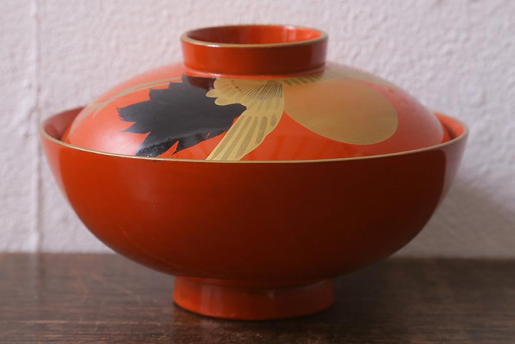 高品質の人気 アンティーク雑貨 大正昭和初期 お椀10客セット 鶴蒔絵 朱塗り 工芸品
