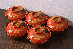 アンティーク雑貨　大正昭和初期　朱塗り　鶴蒔絵　お椀5客セット(木製漆器、和食器)(R-040552)