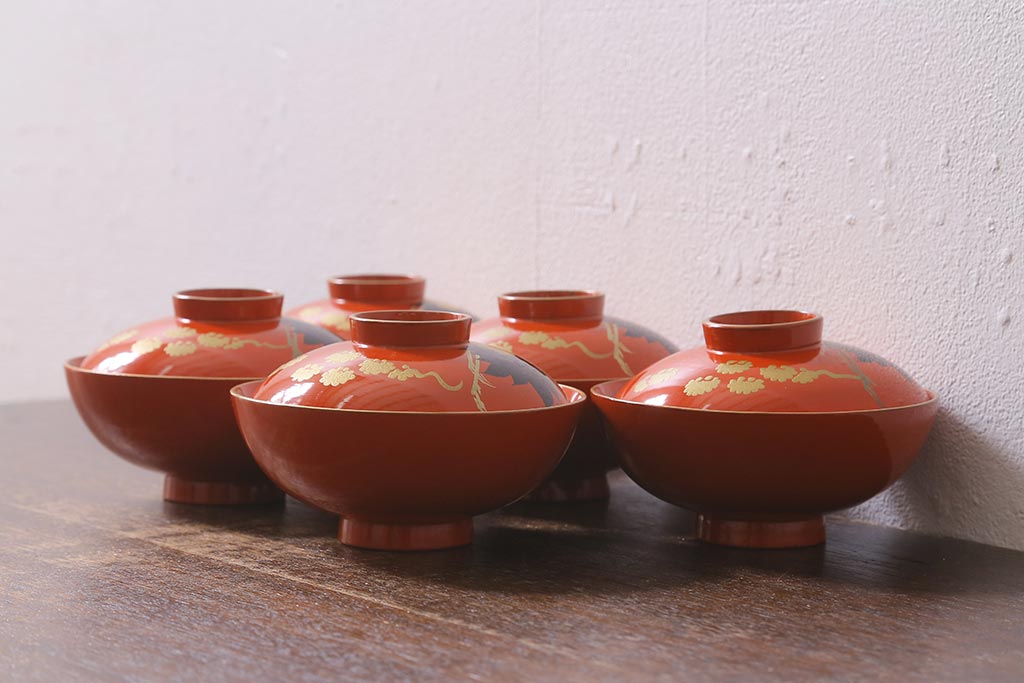 アンティーク雑貨　大正昭和初期　朱塗り　鶴蒔絵　お椀5客セット(木製漆器、和食器)(R-040553)