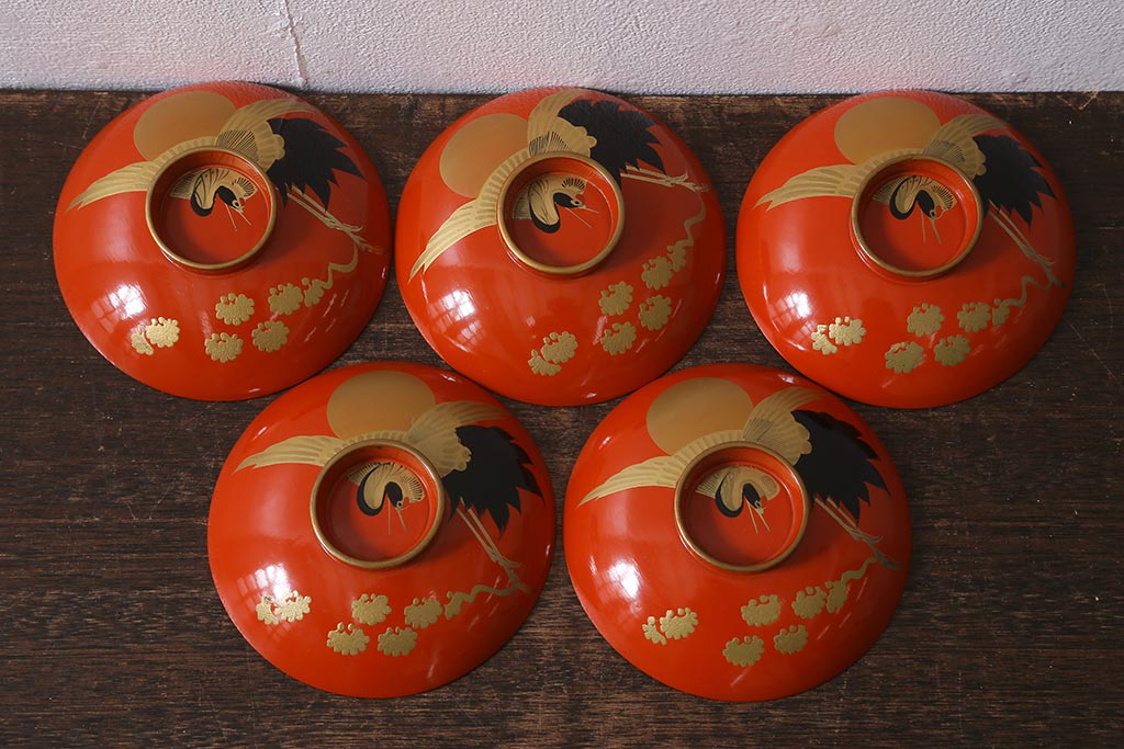 アンティーク雑貨　大正昭和初期　朱塗り　鶴蒔絵　お椀5客セット(木製漆器、和食器)(R-040553)