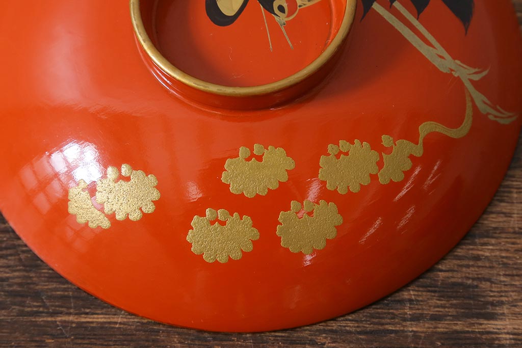 アンティーク雑貨　大正昭和初期　朱塗り　鶴蒔絵　お椀5客セット(木製漆器、和食器)(R-040553)