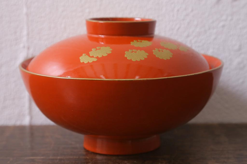 アンティーク雑貨　大正昭和初期　朱塗り　鶴蒔絵　お椀5客セット(木製漆器、和食器)(R-040553)