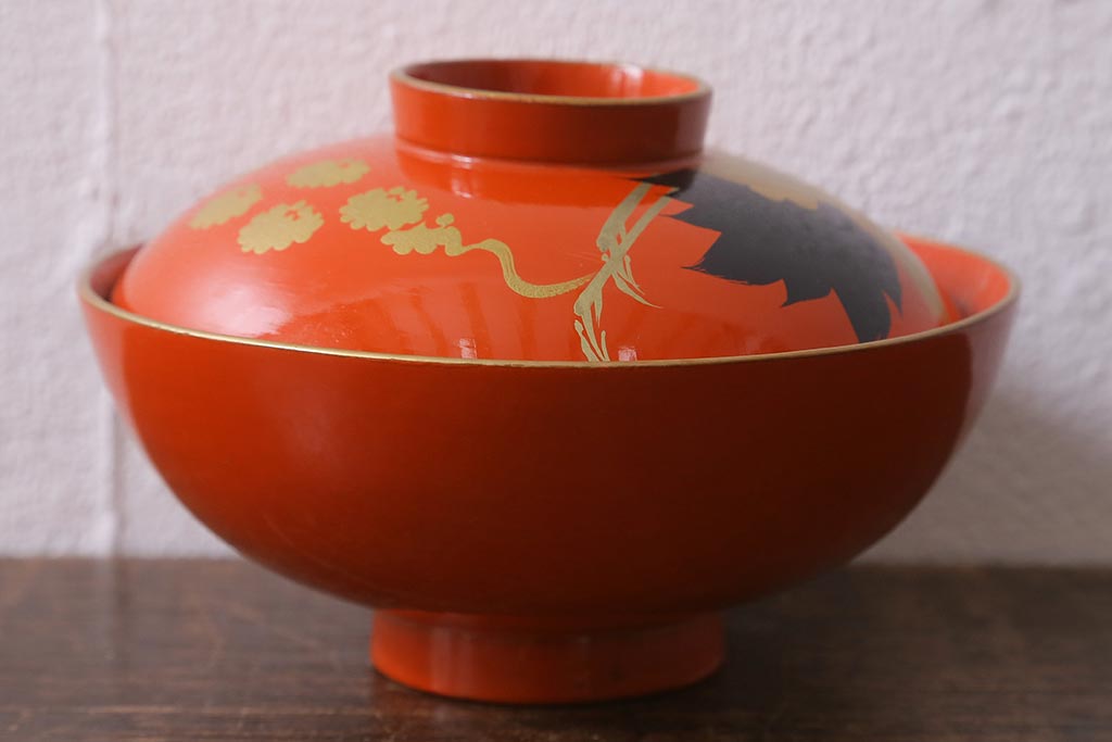 アンティーク雑貨　大正昭和初期　朱塗り　鶴蒔絵　お椀5客セット(木製漆器、和食器)(R-040553)