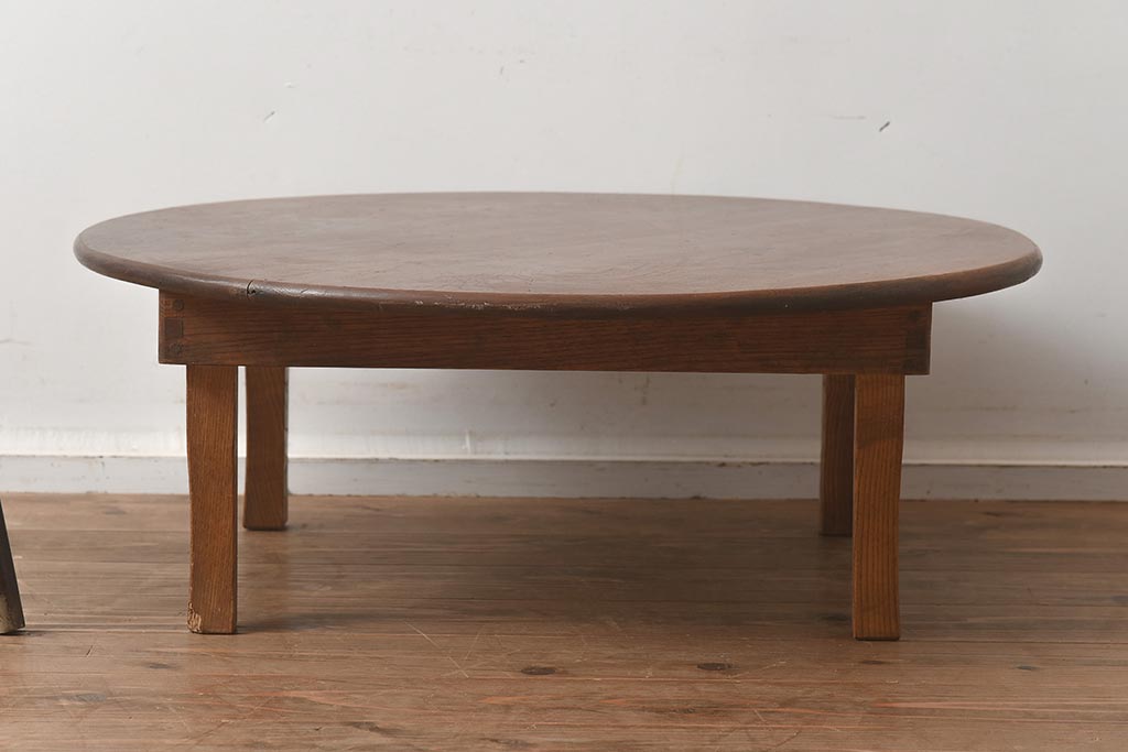 レトロ家具　昭和初期　栓材　くっきりした木目が魅力の丸ちゃぶ台(折りたたみテーブル、座卓、ローテーブル)(R-040565)