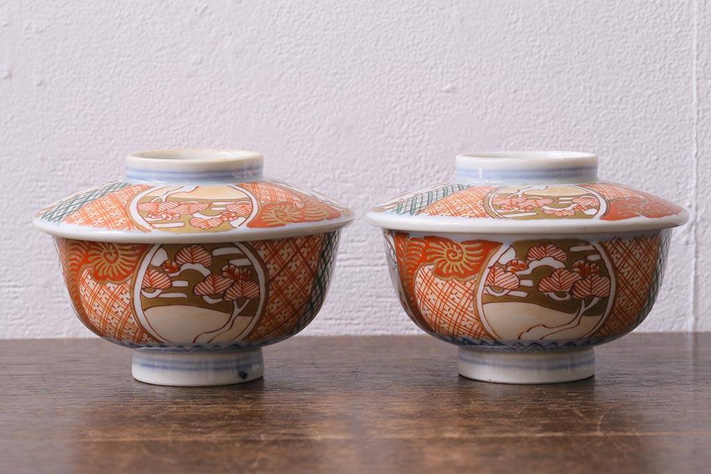 アンティーク雑貨　幕末明治期　伊万里焼　色絵蓋茶碗2客セット(蓋付茶碗、和食器)(R-040573)