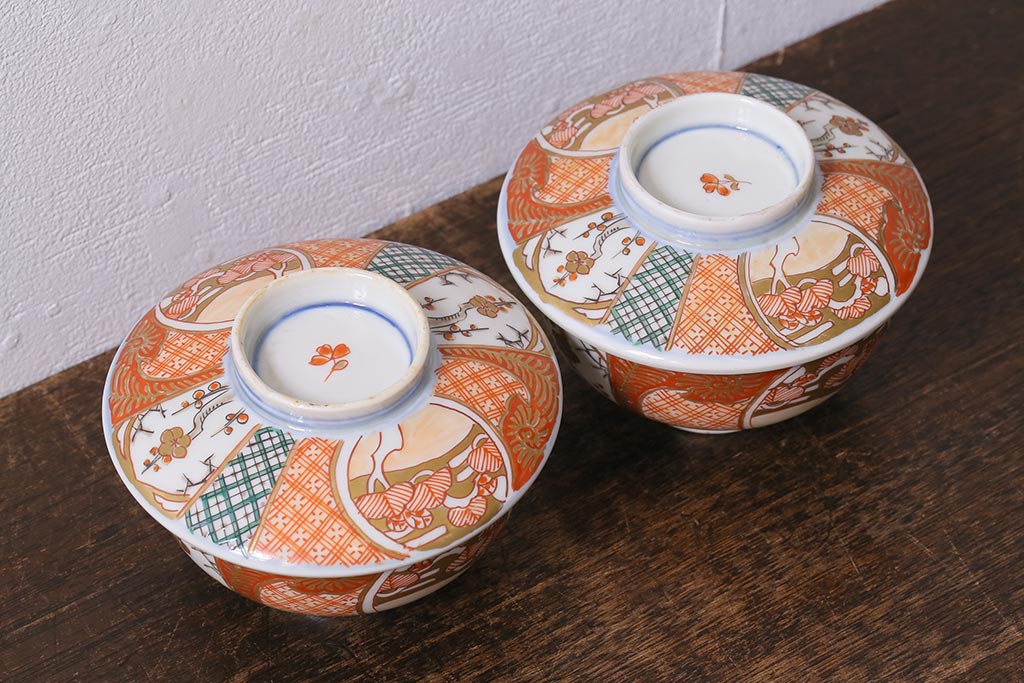アンティーク雑貨　幕末明治期　伊万里焼　色絵蓋茶碗2客セット(蓋付茶碗、和食器)(R-040573)