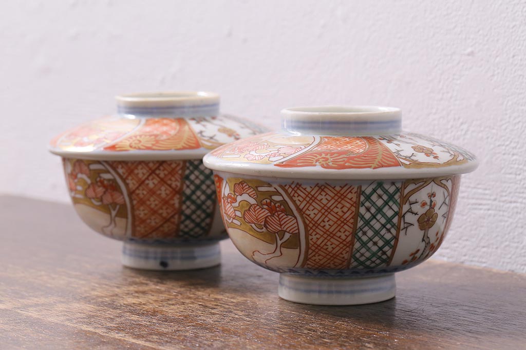 アンティーク雑貨　幕末明治期　伊万里焼　色絵蓋茶碗2客セット(蓋付茶碗、和食器)(R-040573)