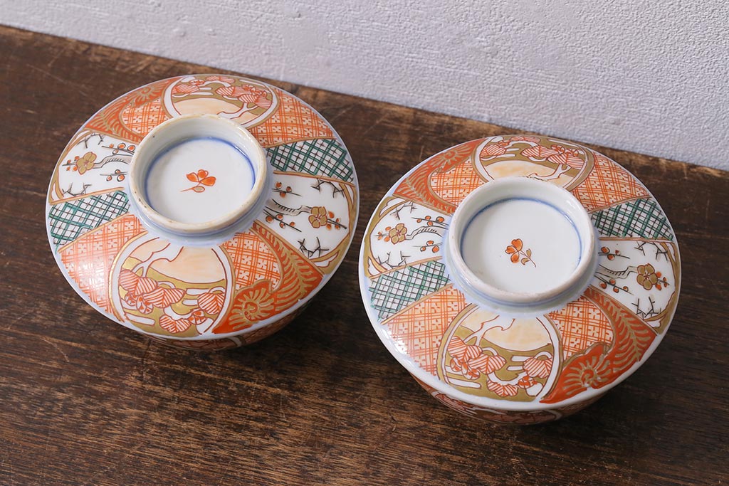アンティーク雑貨　幕末明治期　伊万里焼　色絵蓋茶碗2客セット(蓋付茶碗、和食器)(R-040573)