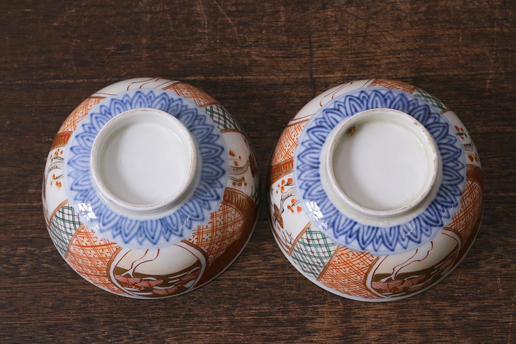 アンティーク雑貨　幕末明治期　伊万里焼　色絵蓋茶碗2客セット(蓋付茶碗、和食器)(R-040573)