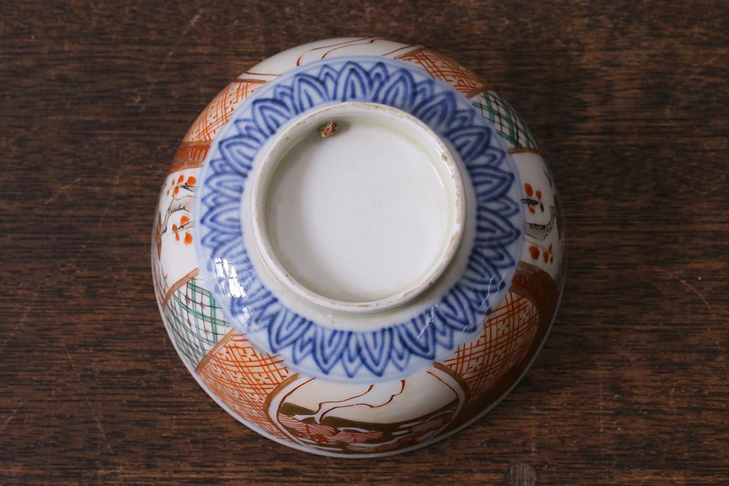 アンティーク雑貨　幕末明治期　伊万里焼　色絵蓋茶碗2客セット(蓋付茶碗、和食器)(R-040573)