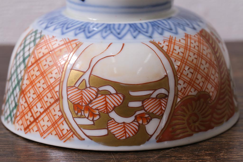アンティーク雑貨　幕末明治期　伊万里焼　色絵蓋茶碗2客セット(蓋付茶碗、和食器)(R-040573)
