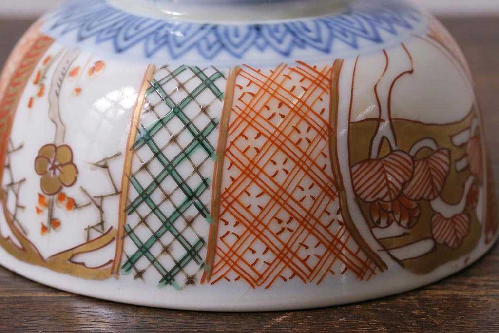 アンティーク雑貨　幕末明治期　伊万里焼　色絵蓋茶碗2客セット(蓋付茶碗、和食器)(R-040573)