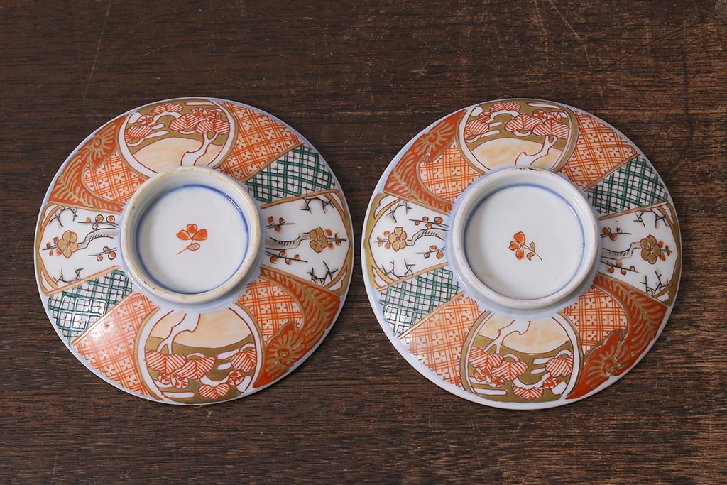 アンティーク雑貨　幕末明治期　伊万里焼　色絵蓋茶碗2客セット(蓋付茶碗、和食器)(R-040573)