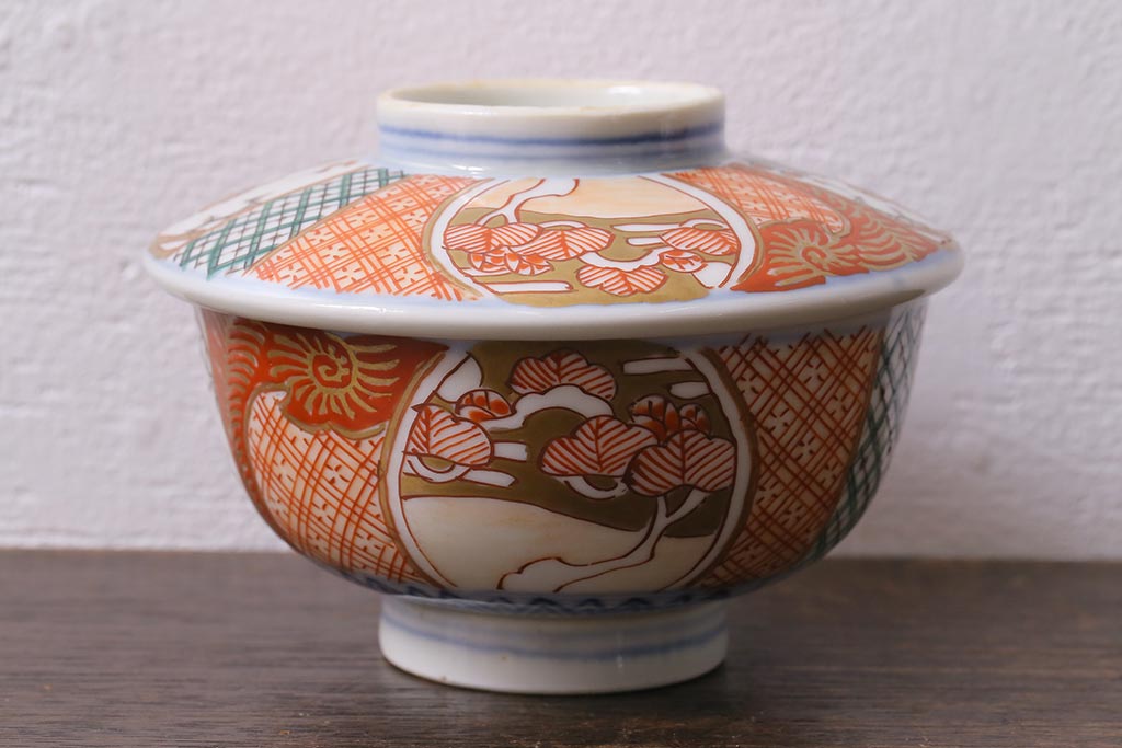 アンティーク雑貨　幕末明治期　伊万里焼　色絵蓋茶碗2客セット(蓋付茶碗、和食器)(R-040573)