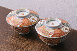 アンティーク雑貨　幕末明治期　伊万里焼　色絵蓋茶碗2客セット(蓋付茶碗、和食器)(R-040573)