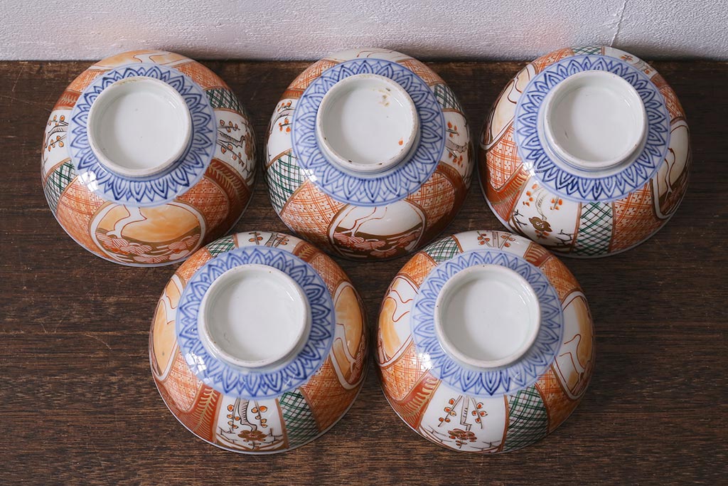 アンティーク雑貨　幕末明治期　伊万里焼　色絵蓋茶碗5客セット(蓋付茶碗、和食器)(R-040574)