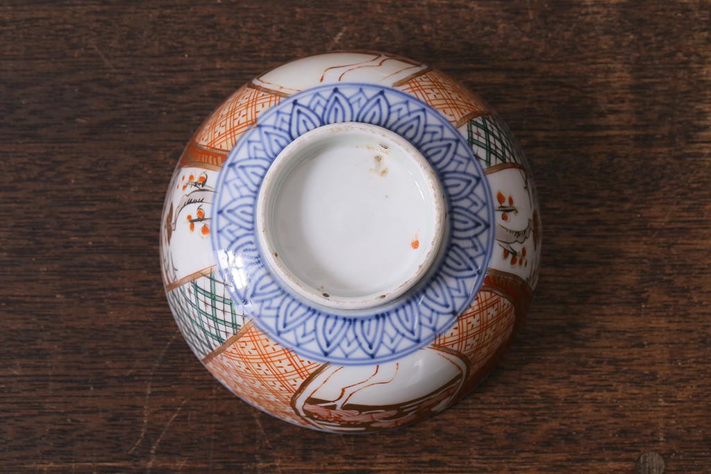 アンティーク雑貨　幕末明治期　伊万里焼　色絵蓋茶碗5客セット(蓋付茶碗、和食器)(R-040574)