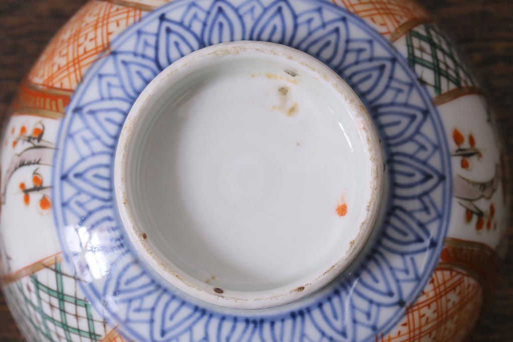 アンティーク雑貨　幕末明治期　伊万里焼　色絵蓋茶碗5客セット(蓋付茶碗、和食器)(R-040574)