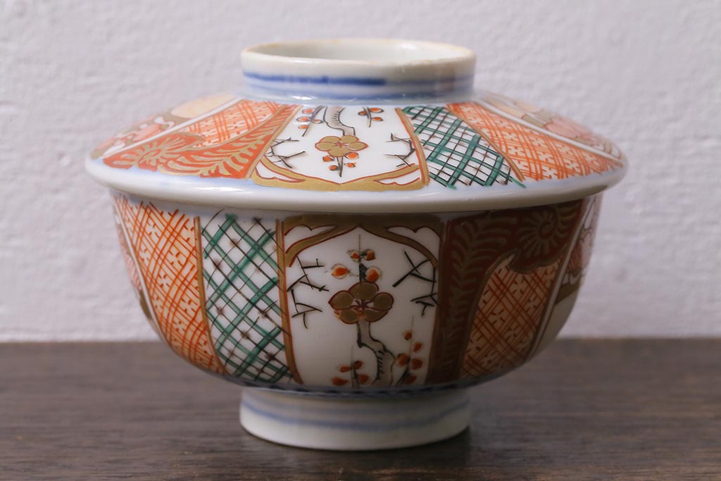 アンティーク雑貨　幕末明治期　伊万里焼　色絵蓋茶碗5客セット(蓋付茶碗、和食器)(R-040574)