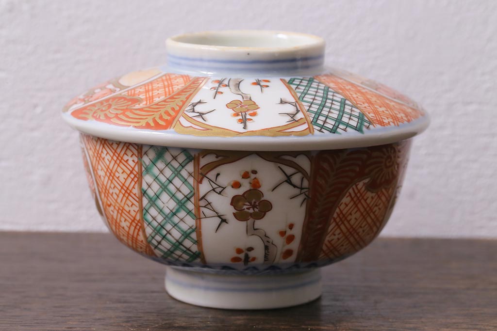 アンティーク雑貨　幕末明治期　伊万里焼　色絵蓋茶碗5客セット(蓋付茶碗、和食器)(R-040574)