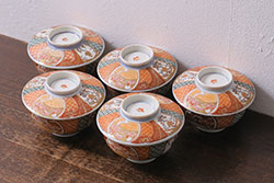 アンティーク雑貨　幕末明治期　伊万里焼　色絵蓋茶碗5客セット(蓋付茶碗、和食器)(R-040574)