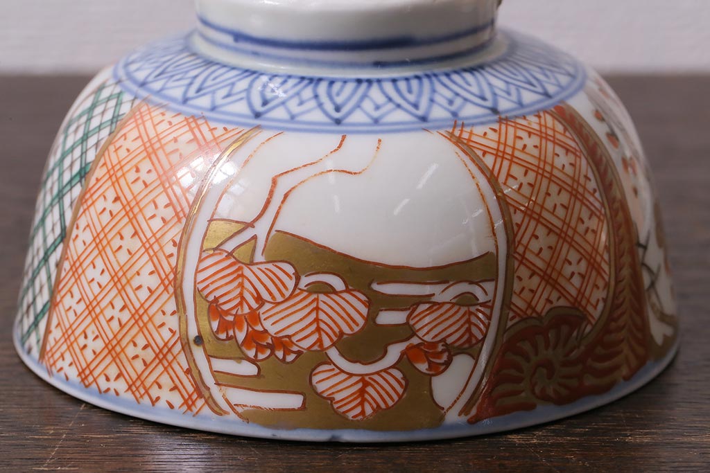 アンティーク雑貨　幕末明治期　伊万里焼　色絵蓋茶碗5客セット(蓋付茶碗、和食器)(R-040575)