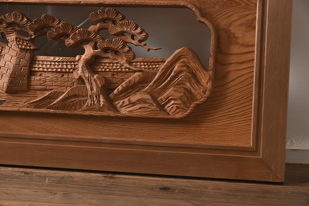 ビンテージ家具　昭和中期　近江八景　情緒溢れる彫刻欄間(明り取り、明かり取り、ガラス無し)(R-040657)