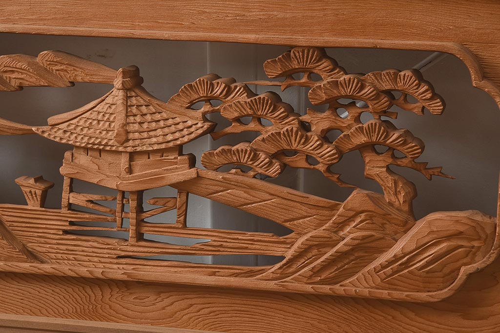 ビンテージ家具　昭和中期　近江八景　情緒溢れる彫刻欄間(明り取り、明かり取り、ガラス無し)(R-040657)