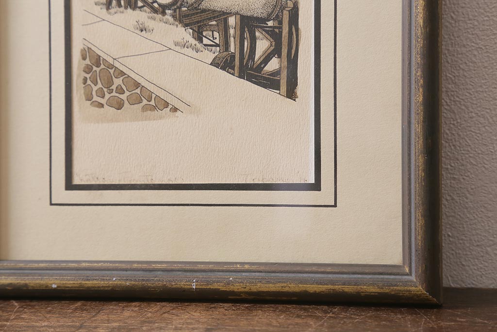 ヴィンテージ雑貨　LIGA GALLERIES PICTURE FRAMING　アートフレーム　ペン画　セピア色がおしゃれな壁掛け絵画(ビンテージ)(R-040742)