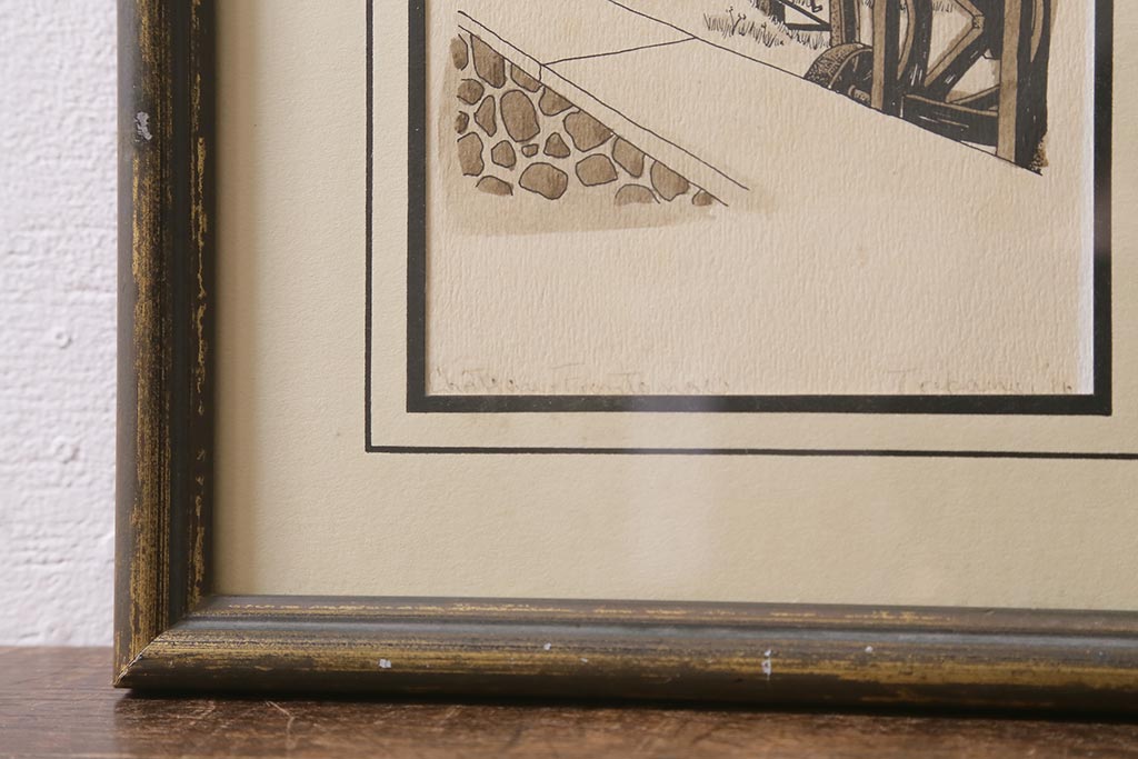 ヴィンテージ雑貨　LIGA GALLERIES PICTURE FRAMING　アートフレーム　ペン画　セピア色がおしゃれな壁掛け絵画(ビンテージ)(R-040742)