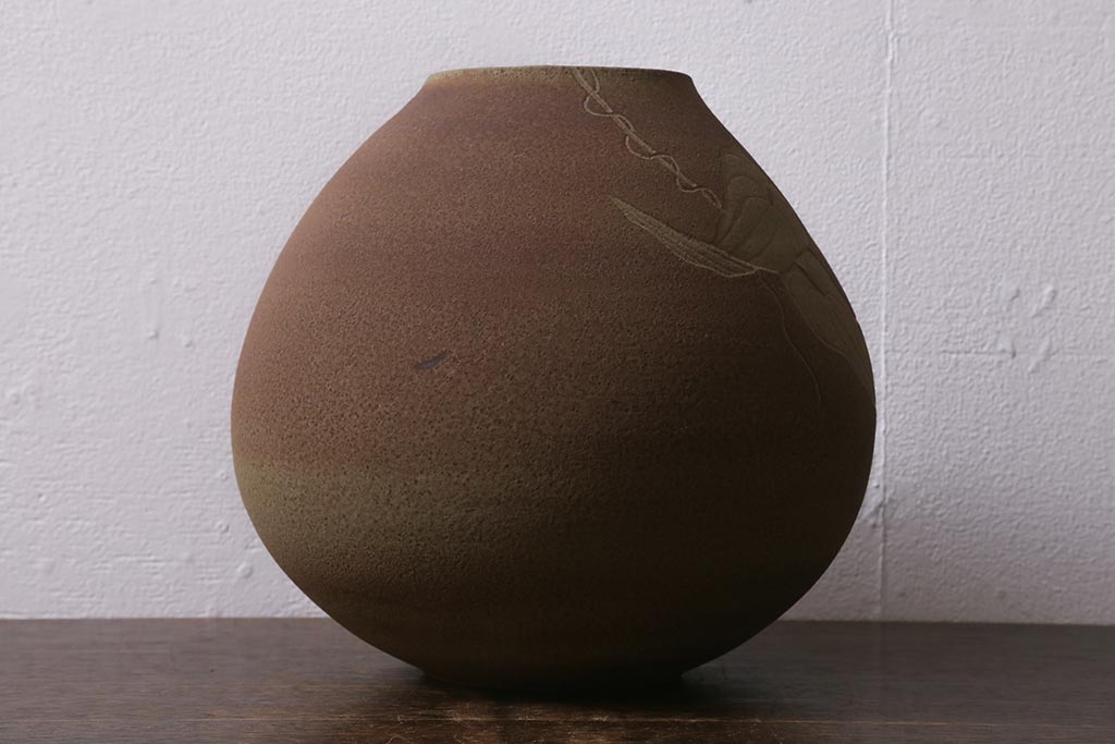 未使用　笠間焼　荒田耕治作　緑藻釉山芋文様壷(R-040744)