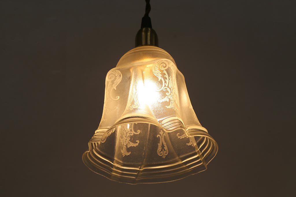 ヴィンテージ照明　イギリスビンテージ　エレガントなグラビュールが浮かぶペンダントライト(シェード、天井照明)(R-040813)
