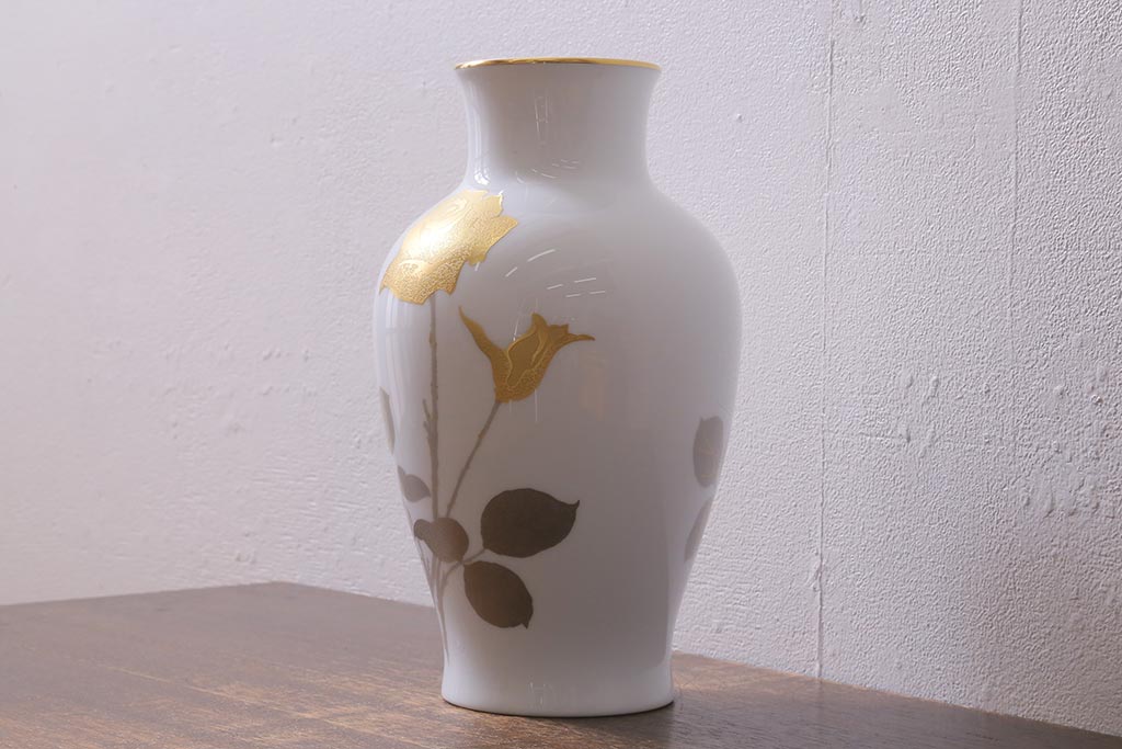 未使用　大倉陶園(オークラ)　箱付き　金蝕バラ　28cm　花器(花瓶)(R-040833)