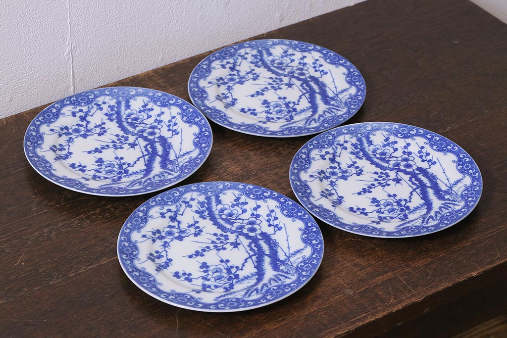 アンティーク雑貨　昭和初期　「日本特製」　輸出用　梅図印判皿4枚セット(中皿、和食器)(R-040837)