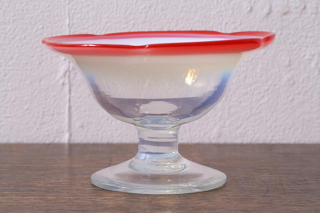 アンティーク 大正ロマン 赤縁フリル菓子器 和ガラス 氷コップ 電笠