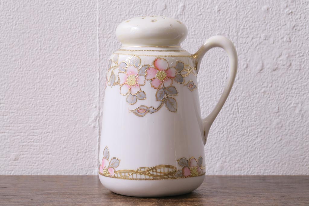 オールドノリタケ(日陶、Noritake、則武)　金彩の花柄がエレガントな調味料入れ(クルエット、ソルト入れ、コンディメント)(R-040840)