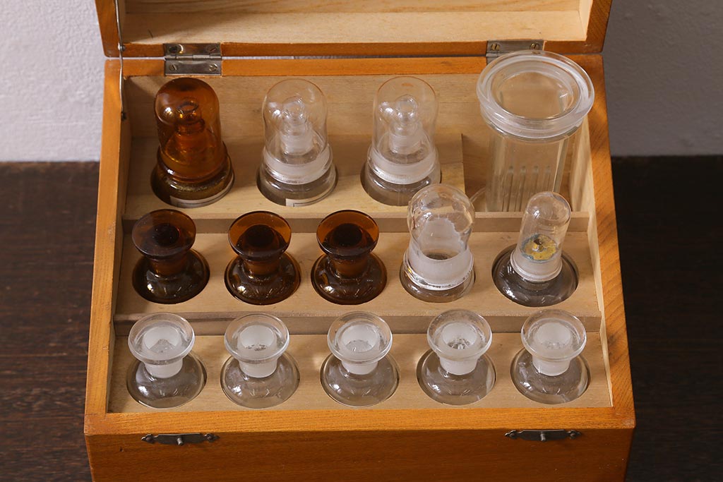 レトロ雑貨　プレパラート製作用具　昭和レトロな実験器具セット(木箱、ガラス瓶、薬瓶)(R-040916)