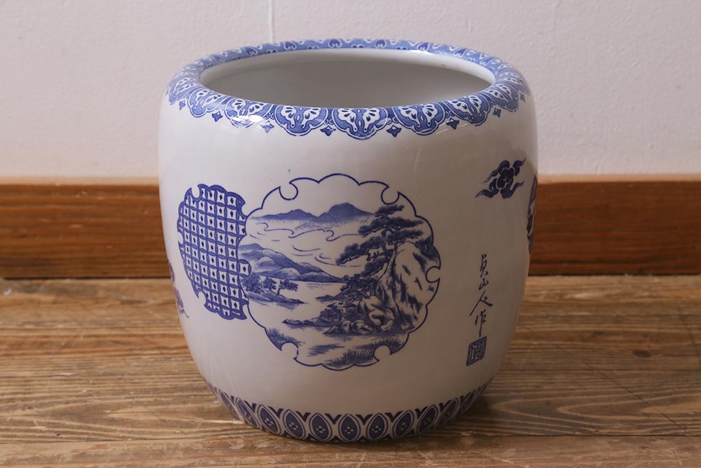 アンティーク雑貨　和製アンティーク　山水図　風情溢れる瀬戸火鉢(鉢カバー、手あぶり)(R-040999)