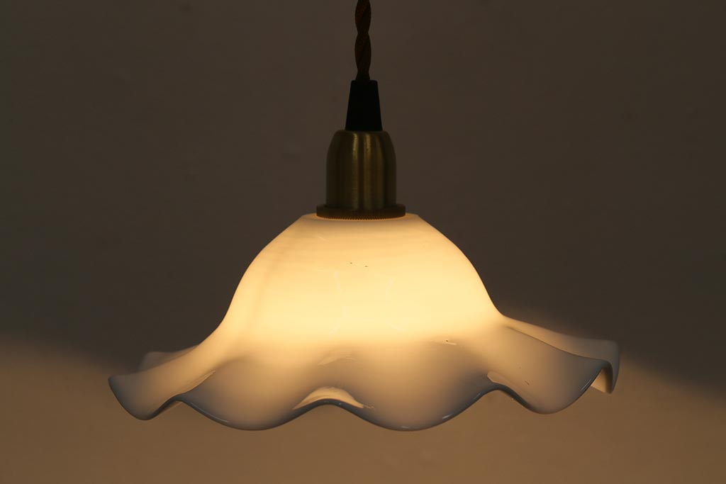 イギリスヴィンテージ照明　可愛らしいフリルシェードのペンダントライト(ランプシェード、天井照明、ビンテージ)(R-041021)