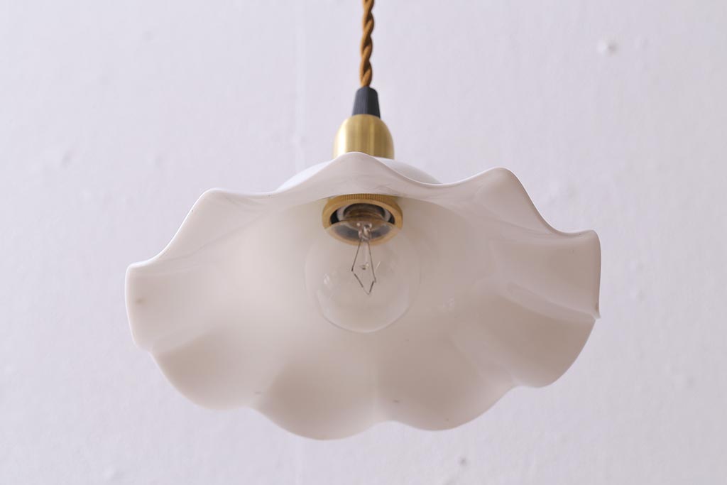 イギリスヴィンテージ照明　可愛らしいフリルシェードのペンダントライト(ランプシェード、天井照明、ビンテージ)(R-041021)