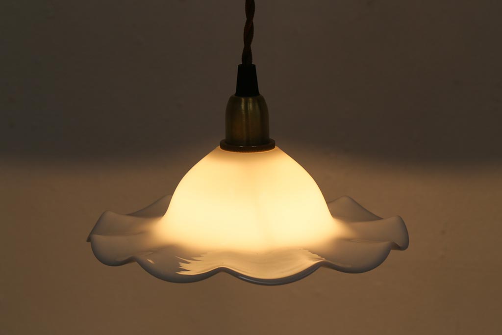 イギリスヴィンテージ照明　可愛らしいフリルシェードのペンダントライト(ランプシェード、天井照明、ビンテージ)(R-041026)