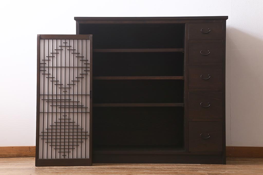 ラフジュ工房オリジナル　古建具リメイク　引き出し付き　風情漂う組子書院戸のキャビネット(戸棚、リビングボード)(R-041079)