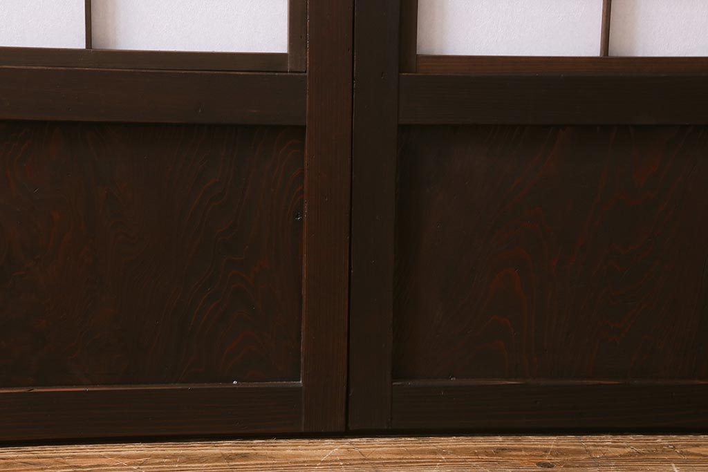 アンティーク建具　和製アンティーク　昭和中期　裏障子付き　深みのある色合いが風情漂う格子戸2枚セット(引き戸、建具)(R-041092)